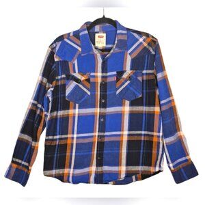 0062 Levi's Flannel Button Down Long Sleeve Blue Plaid Western Fall Size Medium